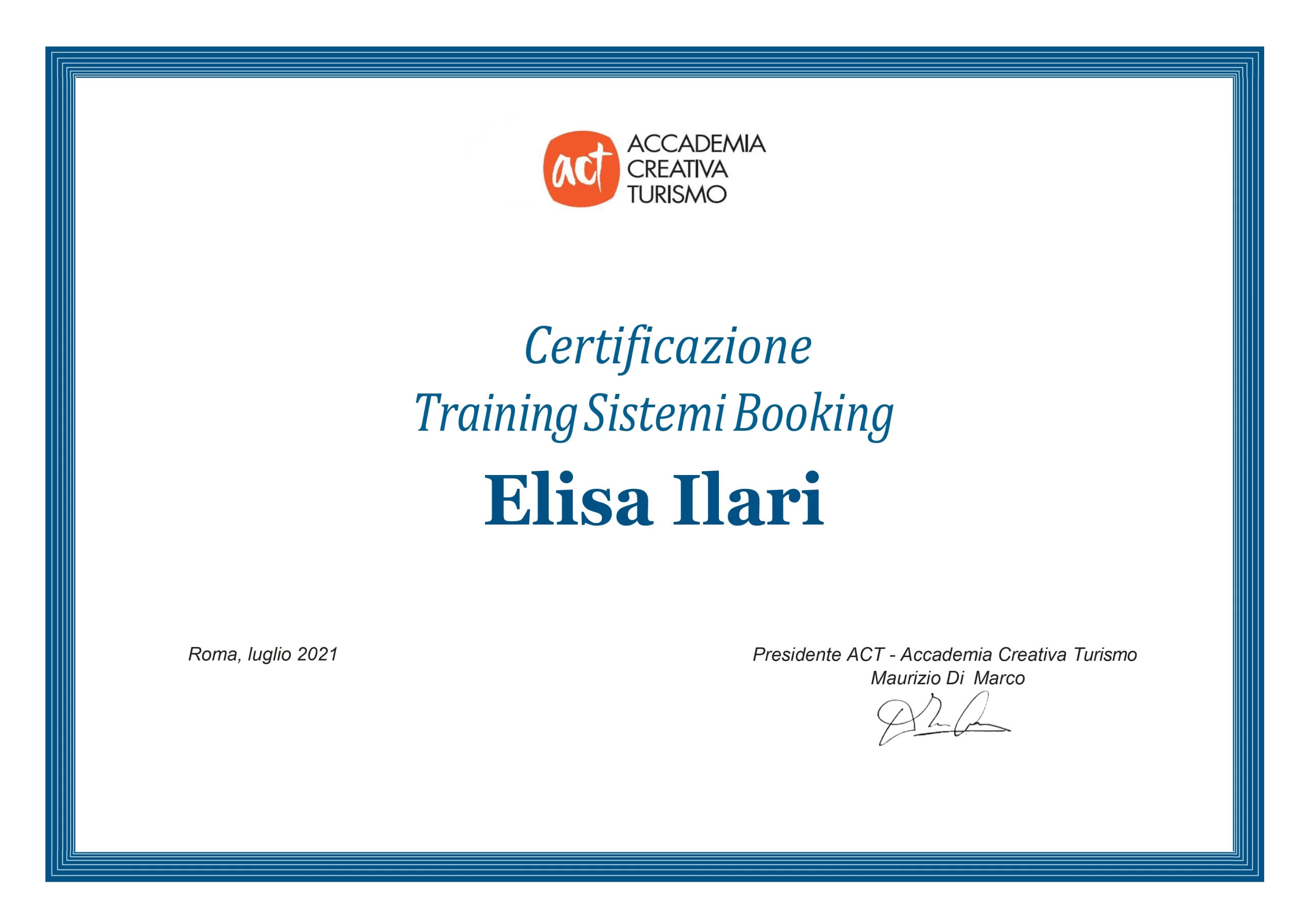 Attesto conseguito da Elisa Ilari, la Travel Designer di cui parla il sito, in Training Sistemi Booking