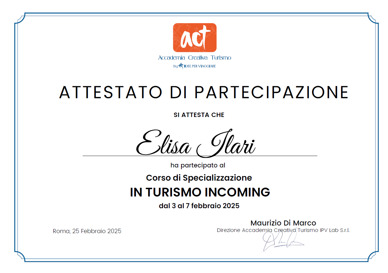 Attestata Turismo Incoming ottenuto da Elisa Ilari