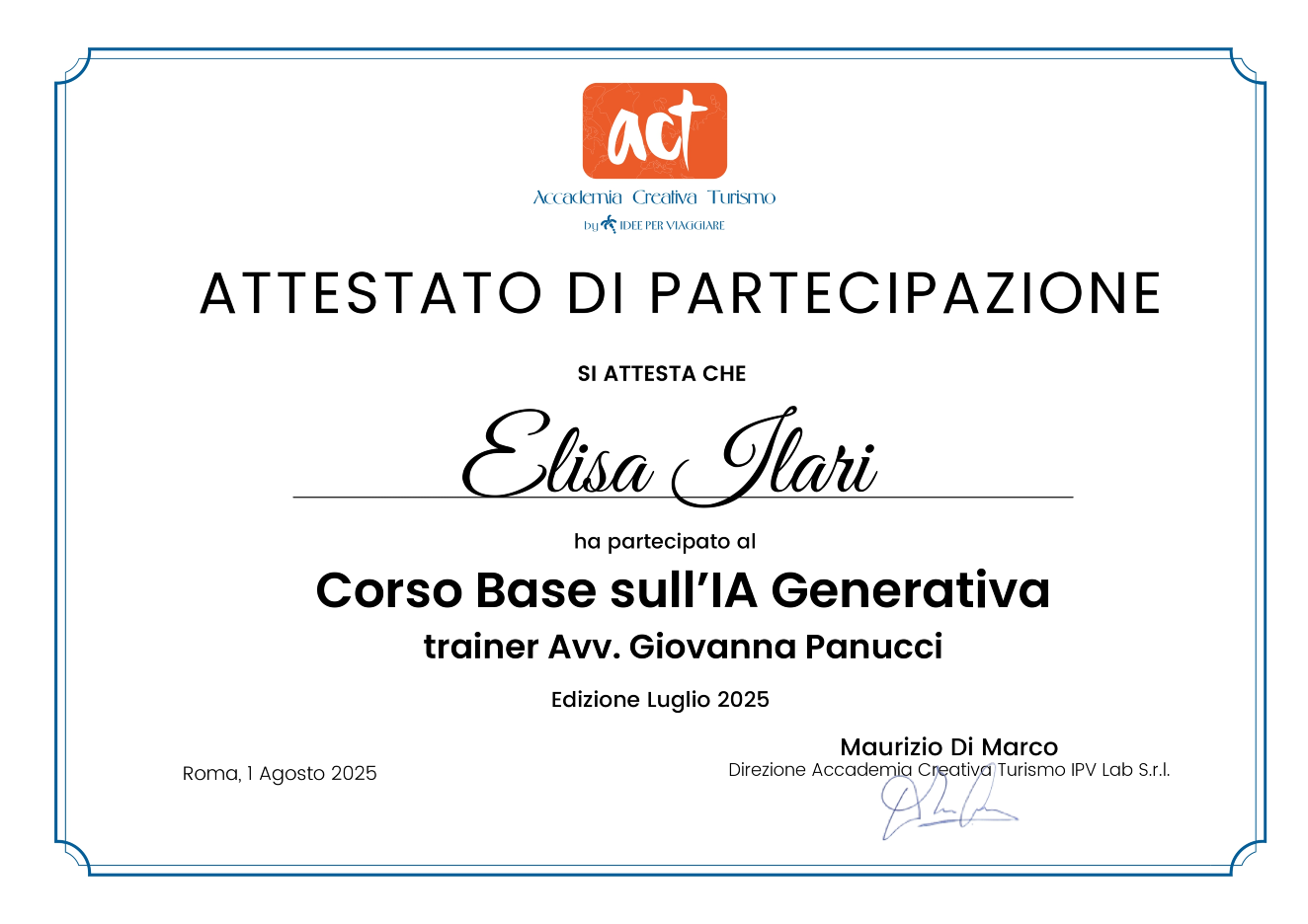 Attestata sul corso base IA Generativa ottenuto da Elisa Ilari